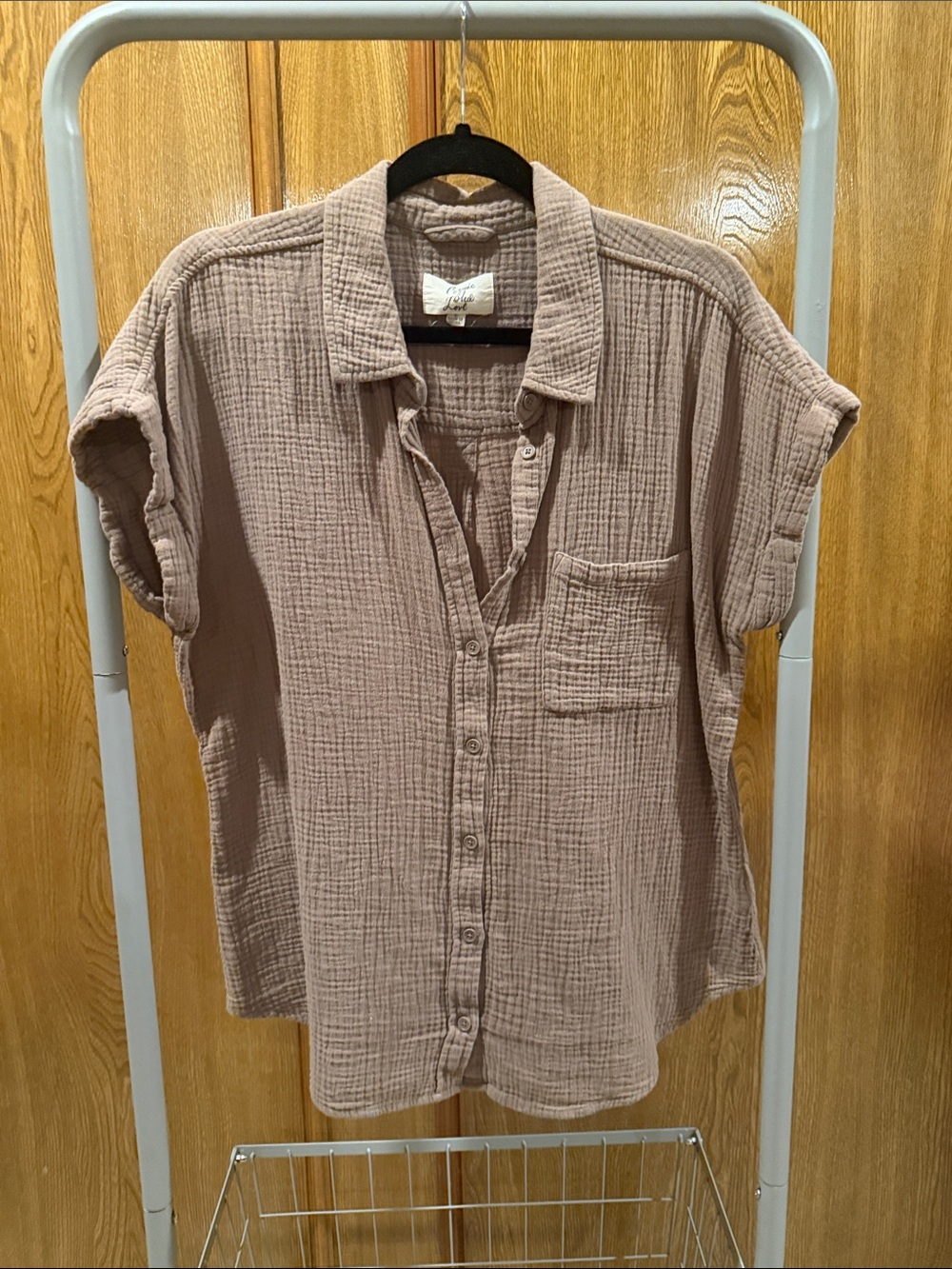 Cotton Short-Sleeve Button-Down Shirt in Taupe